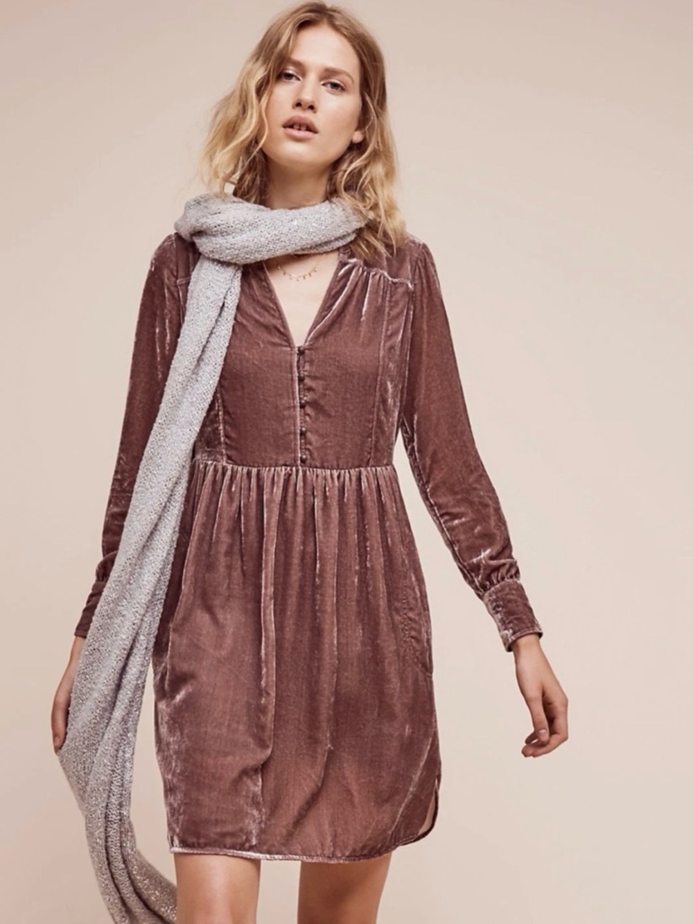 Anthropologie Holding Horses Mauve Crushed Velvet Tunic Mini Dress Size Large